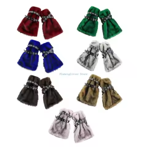 652B Harajuku Furry Boot Toppers for Women Gothic Leather Strap Fuzzy Leg Warmers