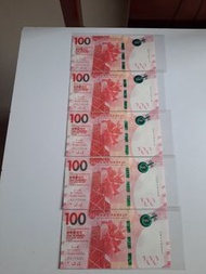 全新:香港:中銀:(100元紙幣):出版2021年:全部生日鈔:(友2011年2月17日至2011年2月21日出世年份:(可散買一張):共5張