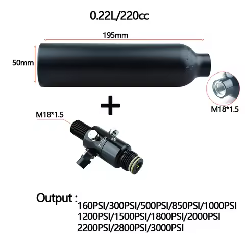 Black Aluminum M18*1.5 0.22L 200BAR 3000PSI Scuba Gas Cylinder Output 160PSI To 3000PSI Pressure Reg