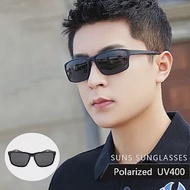【SUNS】時尚TR90輕量寶麗來偏光太陽眼鏡 方框男款墨鏡 防眩光 抗UV400 9159 亮黑框灰片