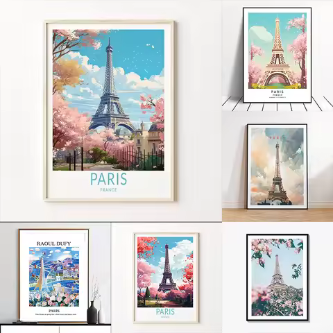 Paris France Travel Frameless Canvas Poster Wall Art, Eiffel Tower Paris France Travel Poster, Europ