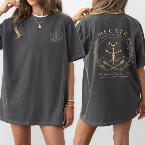 Hecate Shirt Gothic Minimal Witch Symbol Triple Moon Pagan Occult Tee Women's T-shirts for Summer