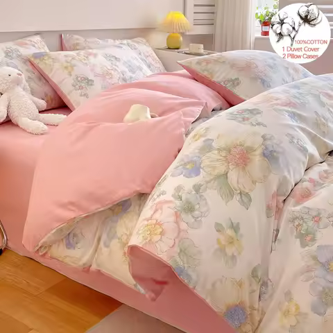 Luxury 100% Cotton Floral Duvet Cover Set 3-Piece (1 Duvet Cover + 2 Pillowcases) - Wrinkle-Free, Ho