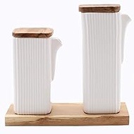 qiuqiu Set of 2 Oil/Vinegar Bottles Ceramic Matte Stripes, Oil &amp; Vinegar Dispenser with Wooden Lid and Shelf, Cookware Dispenser Bottle, for Kitchen Cooking-White||220ml+320ml