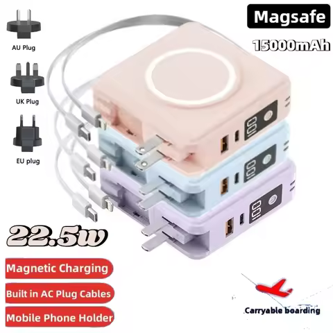 With Cable AC Plug 15000mAh Magsafe Power Bank Wall Charger 22.5W Wireless Fast Charger for IPhone 1