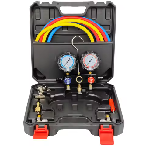 5-Way Dual Value Manifold Pressure Gauge Set, A/C Refrigerant Charging Tool with Quick Coupler Adapt