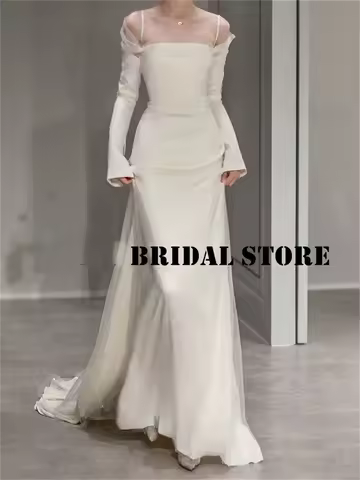 Giyu Simple Silk Korea Wedding Dresses Off Shoulder Long Sleeves Princess Bridel Gowns Custm Made Fo