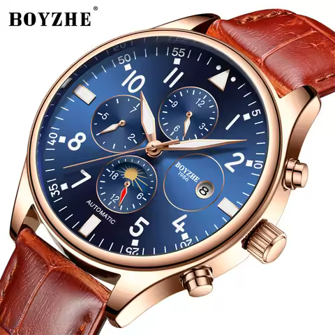 BOYZHE Brand Fashion Multi-functional Mechanical Watch Men Luminous Waterproof Week Date Automatic W