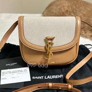 SAINT LAURENT  YSL Kaia 復古牛皮 米色棕 拼帆布金釦 斜背包 馬鞍包619740 正品 二手精品