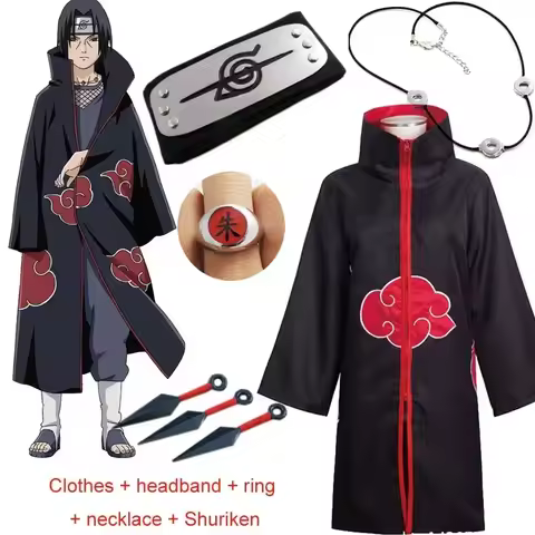 Kakashi Cosplay Costume Akatsuki Cloak Uchiha Itachi Sharingan Headband Necklace Ring Kunai Pain Hal