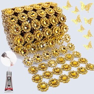 Gold Rhinestone Mesh Fabric, 4IN X 3Yards 6Rows, Bling Ribbon Roll for Crafts, Mum Ribbon Wrap Trim 