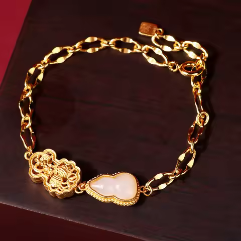 Original design natural Hotan jade gourd bracelet for women Ancient gold craft Exquisite flower char