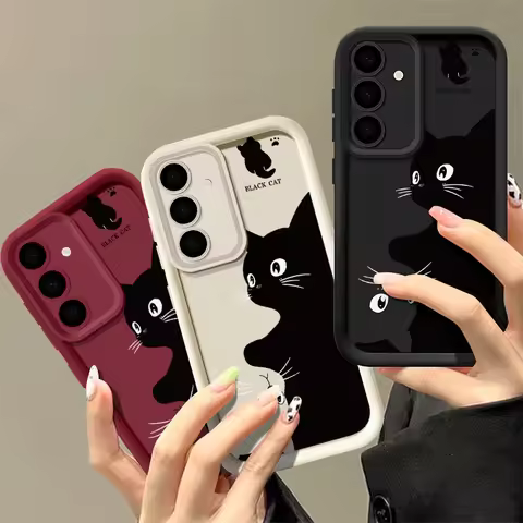 Full Screen Twin Black Cat Phone Case For Samsung S24 S23 S22 Ultra Plus S21 A55 A54 A53 A52 A25 A15