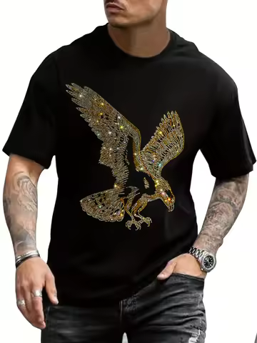 Men Women Funny Eagle Graphic T-Shirt - Sparkling Golden Eagle Bling Rhinestone Shirt Crewneck Party