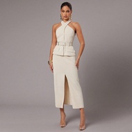 High-End Series Summer Solid Color Beige Early Autumn Overlap Halter Neck Ladies Fashion Backless Sl