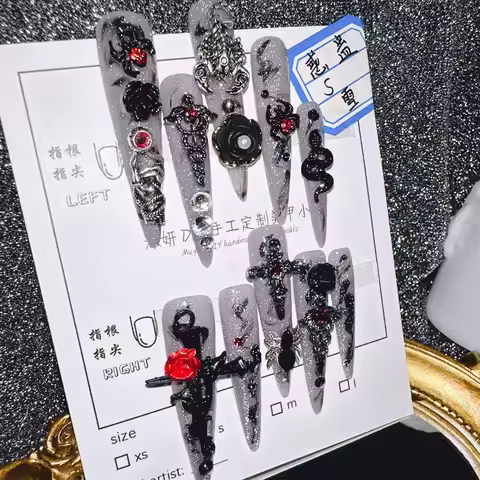 Gothic Dark Red Cross 3D Press On Nails Stiletto Shape Metal Decor Translucent Glitter 10pcs Set Sti