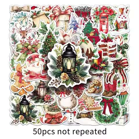 50 Pieces Vintage Watercolor Christmas Decorative Stickers - Creative Holiday Christmas for Journals