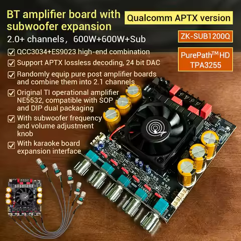 ZK-SUB1200Q BT Digital Amplifier Board 600W X 2 with Subwoofer Extension Qualcomm APTX Qcc3034+Es902