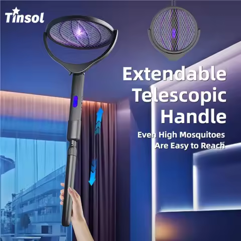 TINSOL Retractable Electric Mosquito Racket Rechargeable Rotating-Head Mosquito Killer Indoor/Outdoo