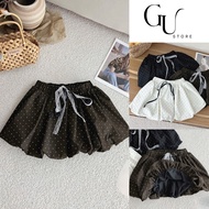 Short Flared Skirt with Polka Dot Pattern, Elastic Waistband, Cute Lace Bow Tie GU STORE