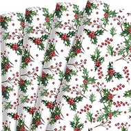 Bolsome 12 Sheets Christmas Berry Gift Wrap Paper, Holly Leaves Red Berries Printed Wrapping Paper for Birthday Winter Holidays New Year Xmas Crafts Supplies