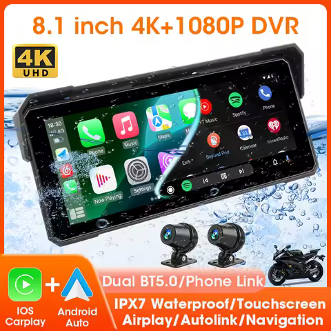 5/8.1 inch Motorcycle Navigation Wireless Carplay & Android Auto 4K+1080P Moto DVR Dash Cam Waterpro
