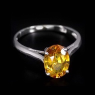 天然 8x6 mm 藍寶石戒指，純銀鑲嵌，黃色硬質藍寶石，寶石非常乾淨