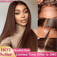 Put On And Go Straight Glueless Wigs Human Blended Hair Wig Chocolate Brown Color Wig 5x5 Pre-Cut HD
