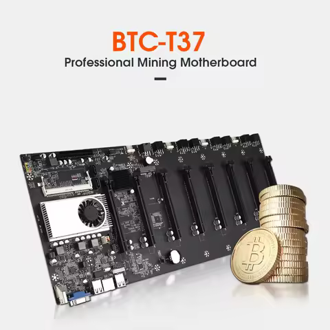 BTC-T37 Mining Motherboard with CPU and FAN Set 8 GPU Slots Support DDR3 Memory Integrated VGA Low P
