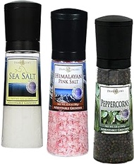 Two Salts and a Pepper Grinder Set - Black Peppercorn 5.8 oz and Sea Salt 12.2 oz and Himalayan Pink Salt 13.4 oz - for your Cooking Enjoyment