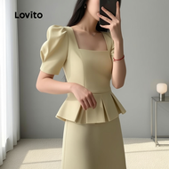 Lovito Blusang Elegan Berlipat Mudah Kuning untuk Wanita Musim Bunga/Panas L158ED777
