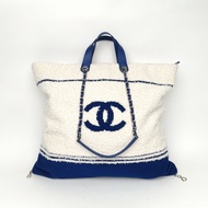 CHANEL 拼色毛呢27開銀扣字母logo毛巾沙灘包帶手柄購物袋大號肩背包