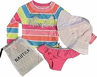 Nautica Little Girl's Performance UV Protection 50+ 3 Piece Swim Set, Rash Guard, Swim Bottom, Hat