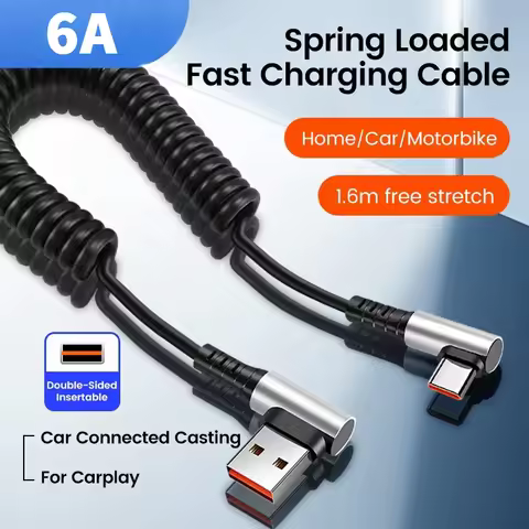 6A USB Type C Data Cable 90° Elbow Car USB Spring PD Fast Charging Cable for iPhone 15 Sumsung Xiaom