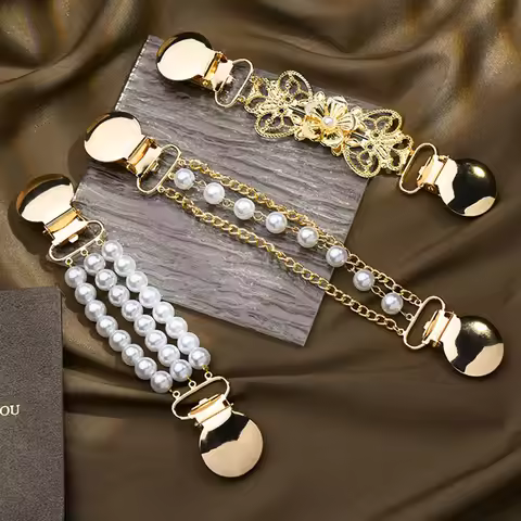 Pearl Chain Sweater Clip Elegant Cardigan Chain Shawl Buckle for Teacher Anti-Exposed Brooch for Sha