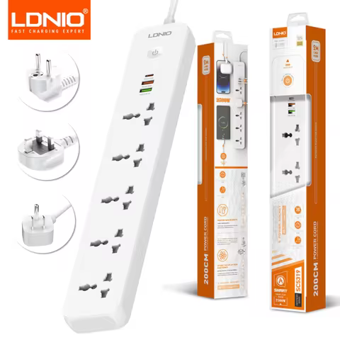 LDNIO 2500W Power Strip with 5 AC Outlets & 3 USB Charging Ports 2M Extension Cable Kitchen Househol
