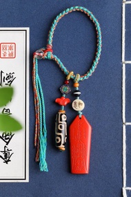 天然原礦硃砂精品紅砂五路財神招財令 九眼天珠 鑰匙扣 包掛