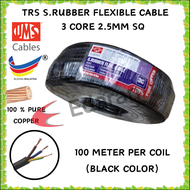 (100 METER PER COIL) UMS 3 CORE 2.5MM SQ (50/0.25) 20AMP (TRS) SYNTHETIC RUBBER FLEXIBLE CABLE - BLACK 100% PURE COPPER)
