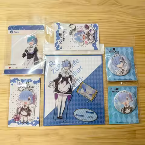 Re:Zero Official Authentic Rem Ram Emilia Acrylic Stand Keychain Pin Badge Set Cute Anime Collectibl