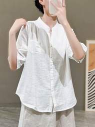 T-shirt Top V Neck Cotton Yarn Casual Loose Short Sleeve Shirt