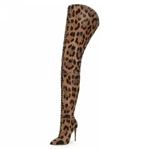 SHOFOO Fashionable women's high-heeled boots. Leopard print boots. About 11cm heel height Over the k