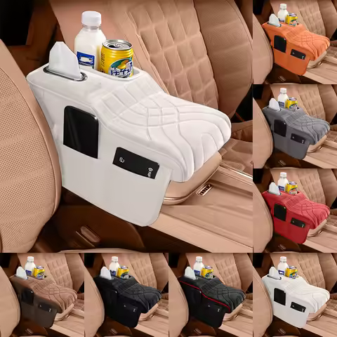 High-Low Style Suede fabric Car Armrest Box Cushion - an Armrest Cover with 2 Side Pockets, 2 Cup Ho