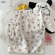 Cute Cartoon Cat Plaid Pajama Set - Leisure Loose Short Sleeve for Women