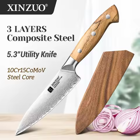XINZUO New Arrival 5.3'' inch Utility Knife 10Cr15CoMoV Steel Core Damascus Steel With Olive Wood Ha