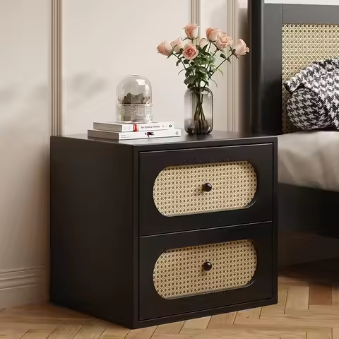 AOLIVIYA Bedroom Bedside Table Nightstand Sofa Side Storage Cabinet Rattan Solid Wood 3 Tier Drawer 