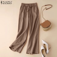 ZANZEA กางเกงขายาวผู้หญิงกางเกงขายาวเอวยืดลำลองสีพื้น