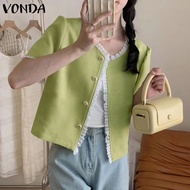 VONDA เสื้อโค้ทลูกไม้ติดกระดุมสีพื้นสำหรับผู้หญิงเสื้อคลุมสูทแขนสั้น (ลำลองเกาหลี)