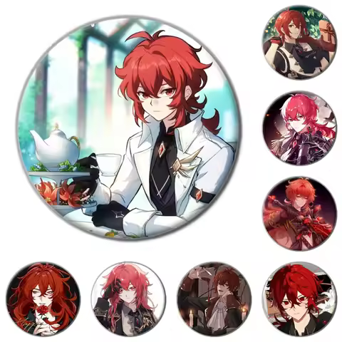 58mm Game Genshin Impact Diluc Ragnvindr Cosplay COSTUME Badge Pin SPTE Tinplate Brooch Prop