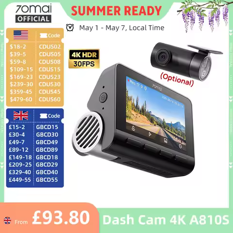 New 70mai Dash Cam A810S 4K HDR GPS ADAS Auto Record Dual-Channel Motion Detection 4G LTE Support Ca