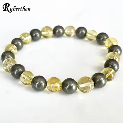 Ruberthen Womens Cancer Zodiac Bracelet 8 MM Yellow Crystal Citrine Pyrite Chakra Beads Wrist Mala N